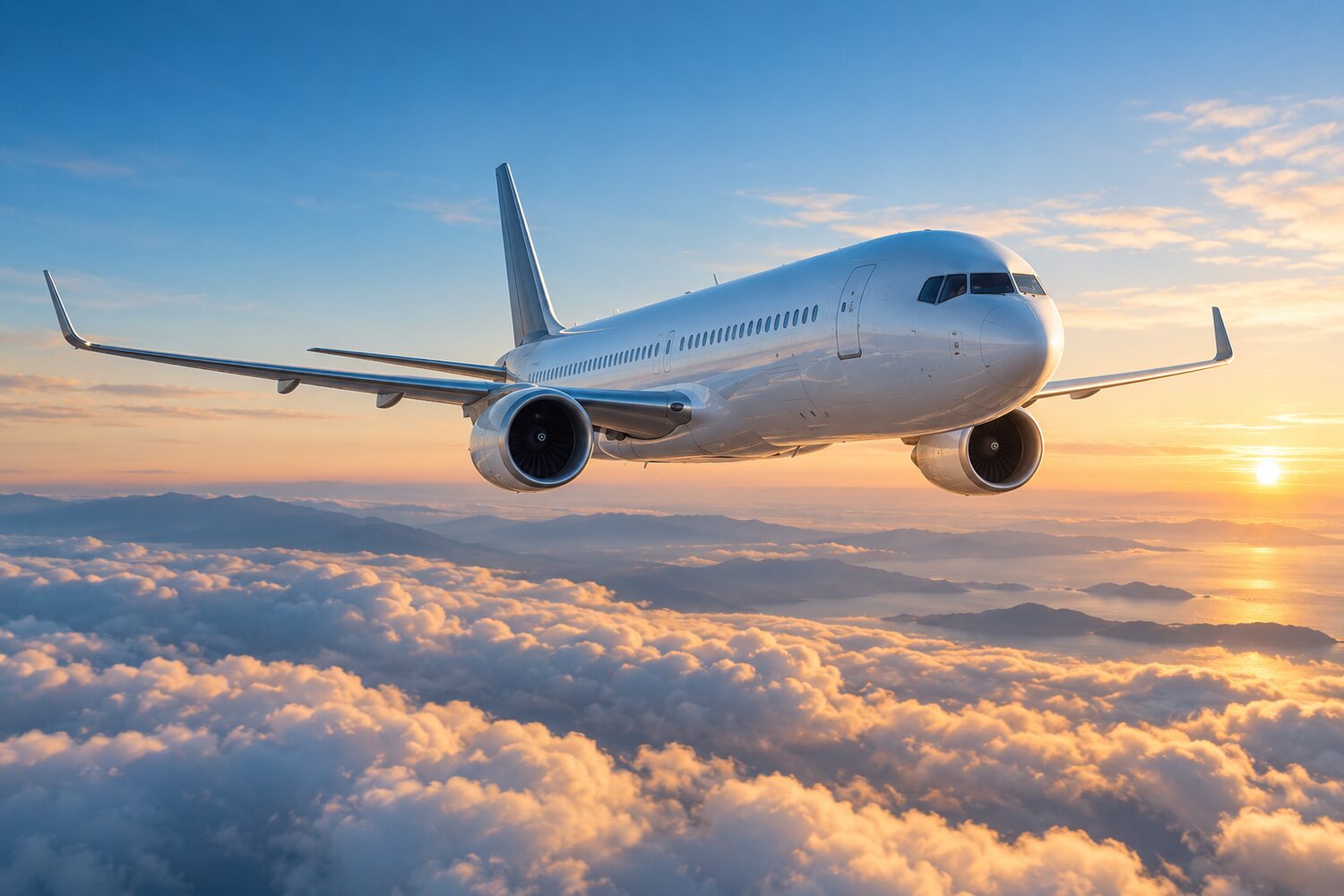 Passenger airplane above the clouds at sunrise