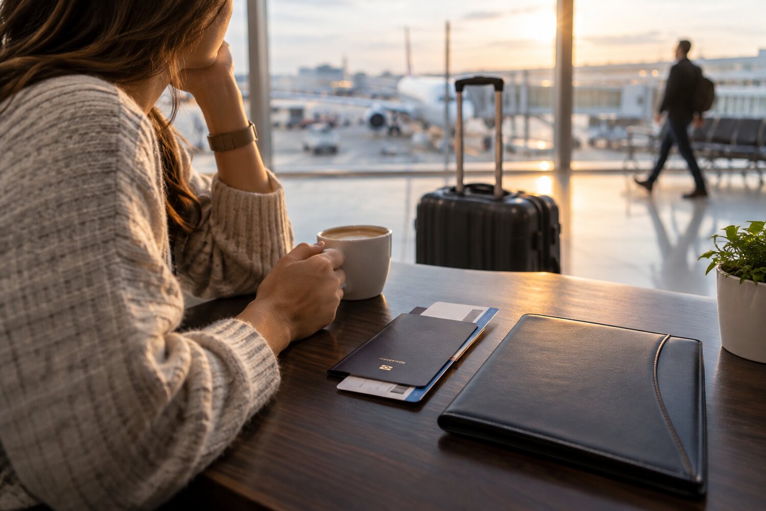 Traveler with luggage and documents at an airport