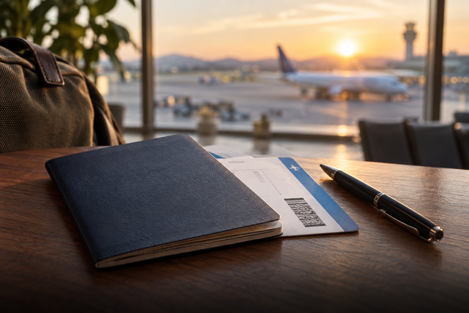 Passport booklet and boarding pass on a desk
